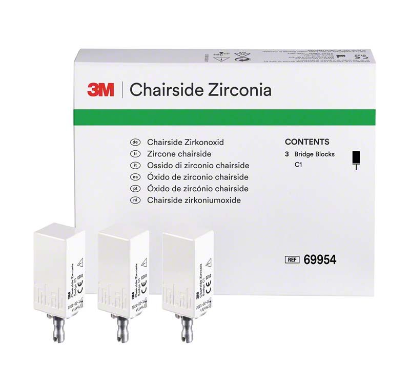 3M™ Chairside Zirkoniumoxid 39mm C1, Verpackung mit drei Brückenelementen.