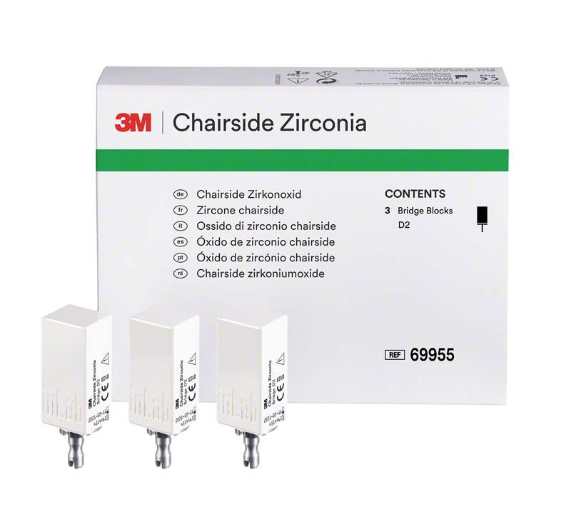3M™ Chairside Zirkoniumoxid 39mm D2 mit Verpackung und drei Blöcken.