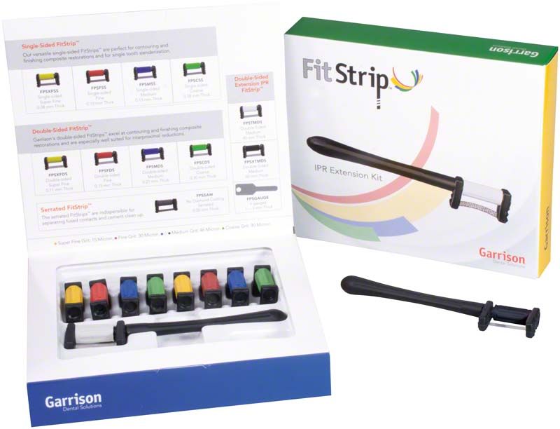 FitStrip™ Universal Kit mit farbcodierten Finierstreifen und Handgriff.