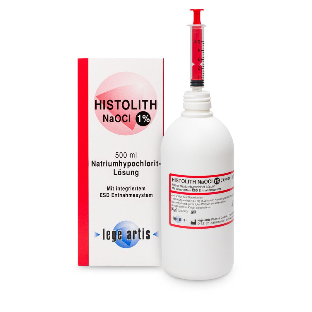 HISTOLITH NaOCI 1% Flasche 500ml mit ESD-System und Verpackung.