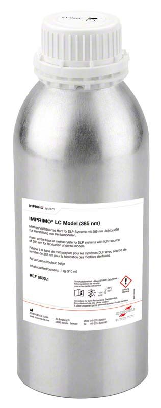Lichthärtendes Kunststoffharz IMPRIMO® LC Model in silberner Flasche.