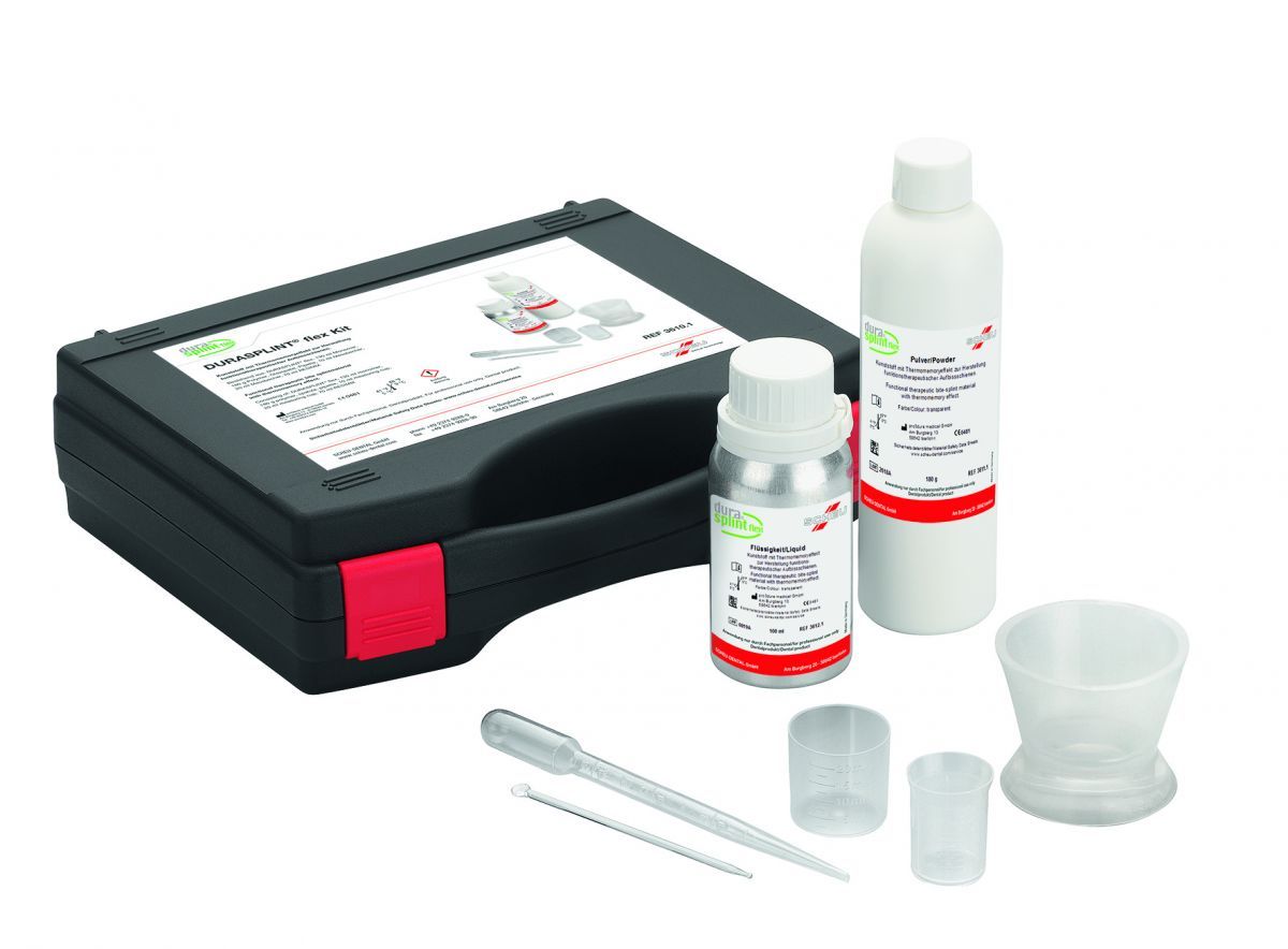 DURASPLINT® flex Kit mit Kunststoffbehältern, Pipette und Messbechern.