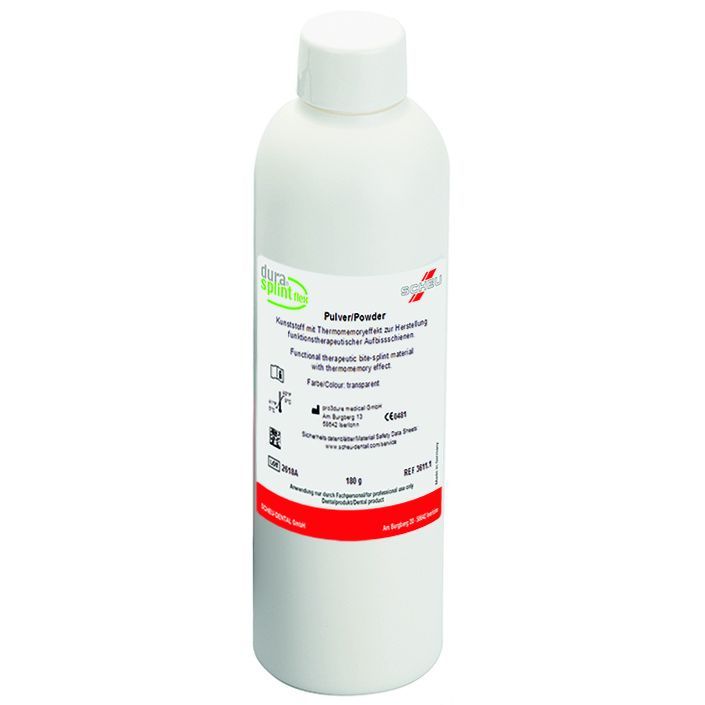 Kunststoff für Thermoformen DURASPLINT® flex Polymer in weißer Flasche.