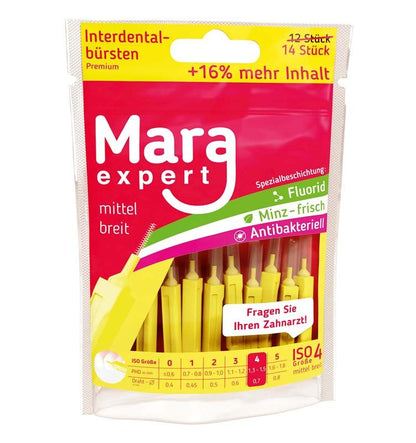 Interdentalbürsten Mara Expert Premium Line Gelb in Verpackung mit Fluoridbeschichtung.