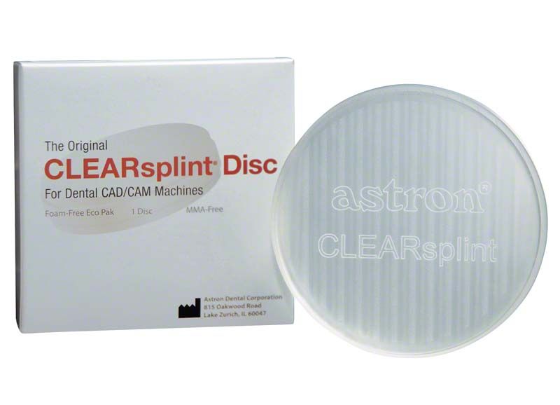 Klarsichtige astron® CLEARsplint® Blank mit Verpackung für dentale CAD/CAM-Anwendungen.