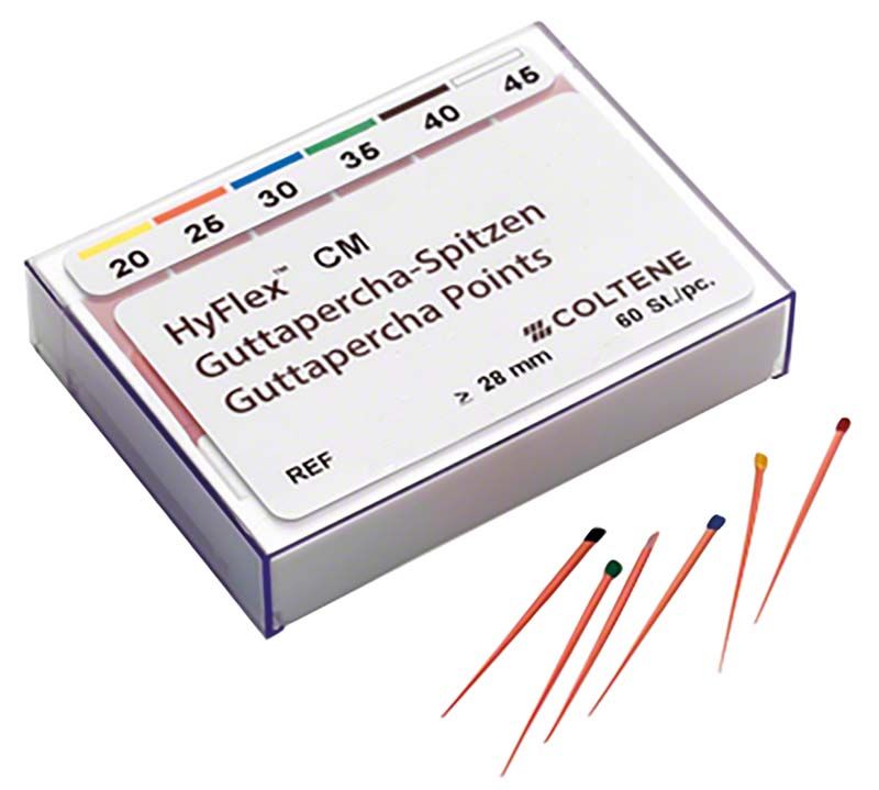 HyFlex™ CM Guttaperchaspitzen in sortierter Verpackung mit Farbcodierung.
