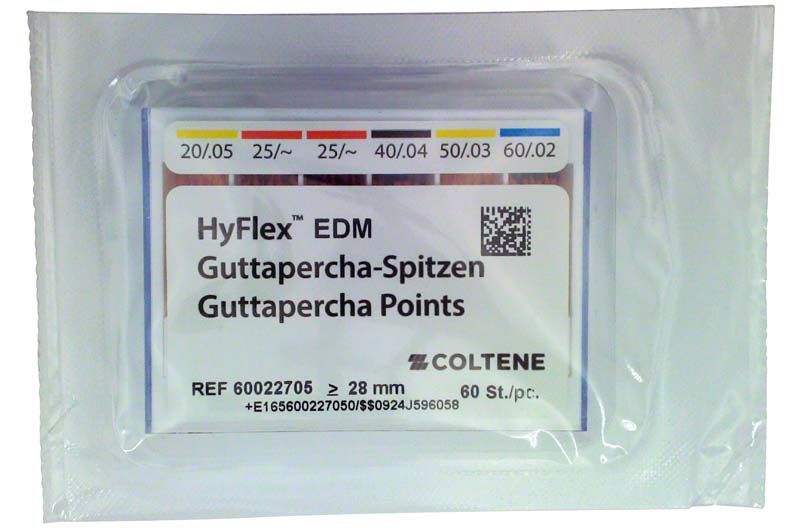 HyFlex™ EDM Guttaperchaspitzen sortiert in farbcodierter Verpackung.