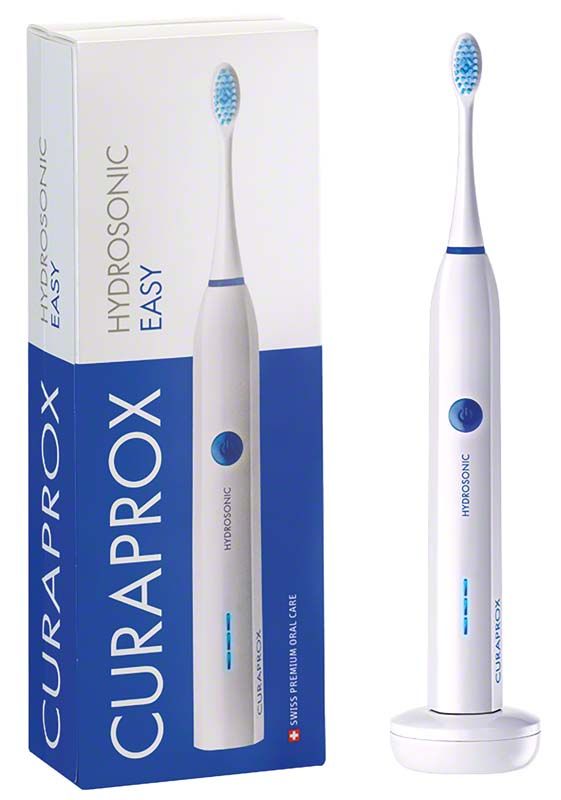 Elektrische Zahnbürste CURAPROX Hydrosonic easy mit Ladestation und Verpackung.