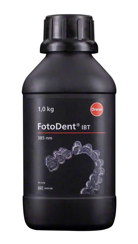 Schwarze Flasche FotoDent® IBT 385 nm 1 kg mit rotem Logo.