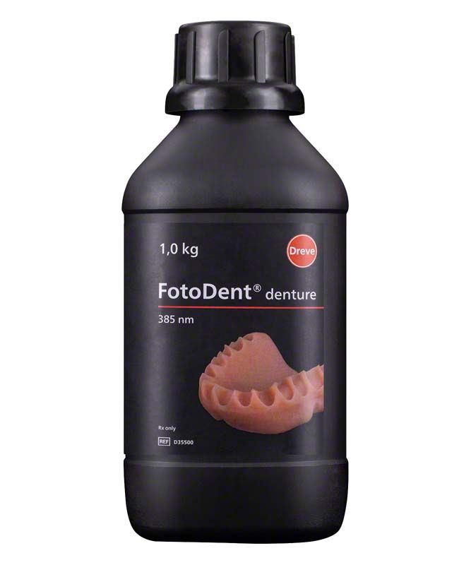 Schwarze Flasche FotoDent® denture 385 nm, 1 kg, mit Etikett.