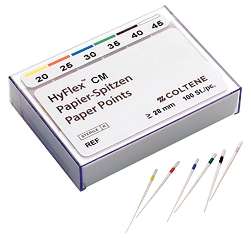 HyFlex™ CM Papierspitzen in farbcodierter Verpackung für Wurzelkanaltrocknung.