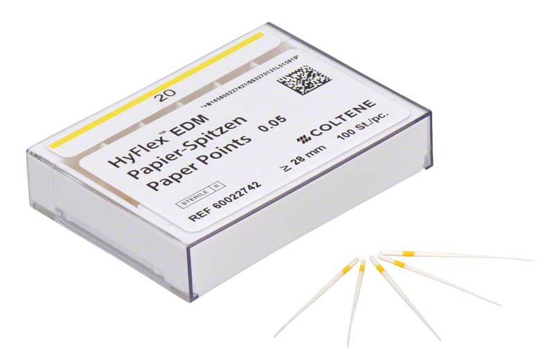 HyFlex™ EDM Papierspitzen 20/.05 in Verpackung mit Farbcodierung.
