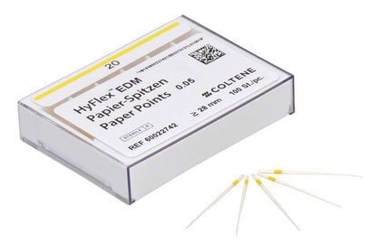 HyFlex™ EDM Papierspitzen 20/.05 in Verpackung mit Farbcodierung.