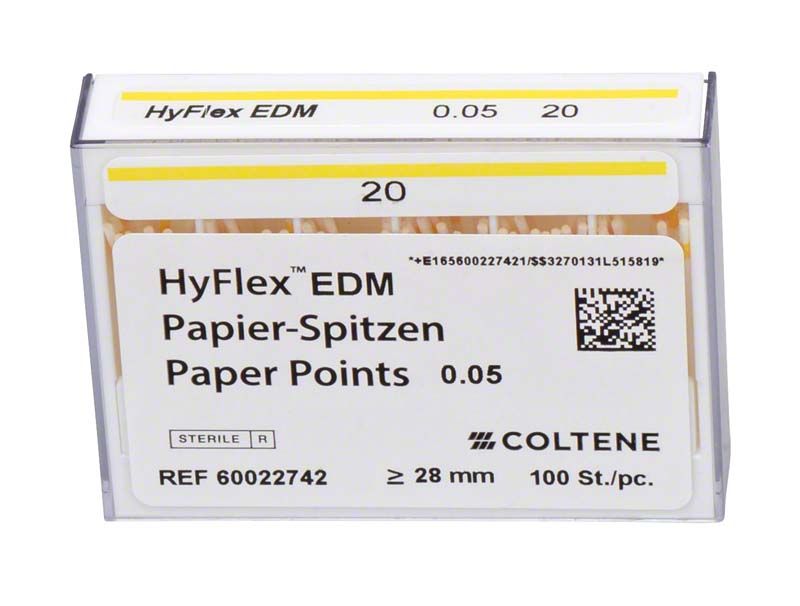 HyFlex™ EDM Papierspitzen 20/.05 in transparenter Verpackung mit Farbcodierung.