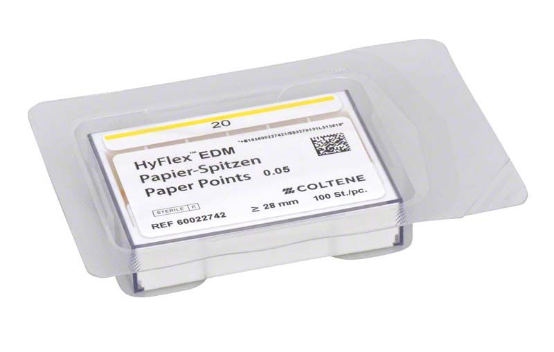 HyFlex™ EDM Papierspitzen 20/.05 in steriler Verpackung mit Farbcodierung.