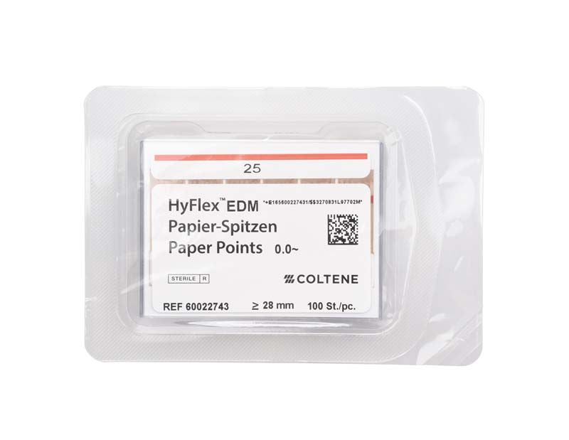 HyFlex™ EDM Papierspitzen in steriler Verpackung mit Farbcodierung und QR-Code.