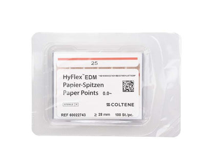 HyFlex™ EDM Papierspitzen in steriler Verpackung mit Farbcodierung und QR-Code.