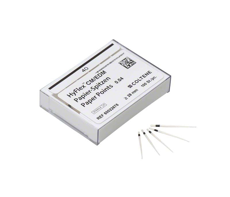 HyFlex™ EDM Papierspitzen 40/.04 in Verpackung mit farbcodierten Spitzen.