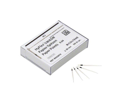 HyFlex™ EDM Papierspitzen 40/.04 in Verpackung mit farbcodierten Spitzen.
