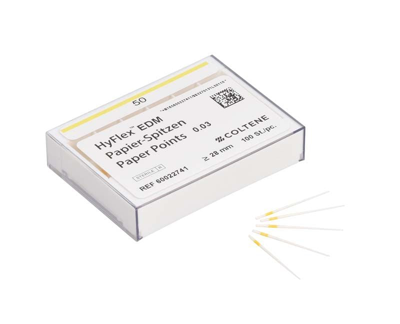 HyFlex™ EDM Papierspitzen 50/.03 in weißer Verpackung mit Farbcodierung.