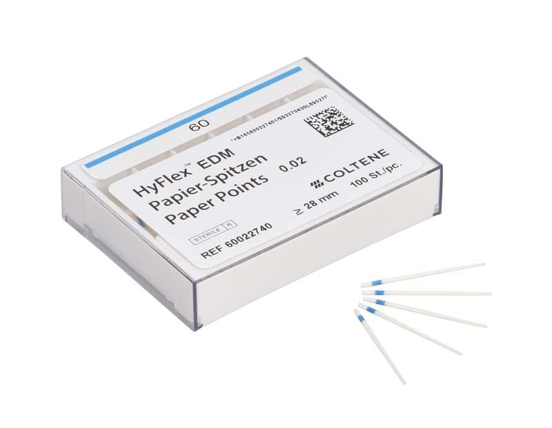 HyFlex™ EDM Papierspitzen 60/.02 mit Farbcodierung und Verpackung.