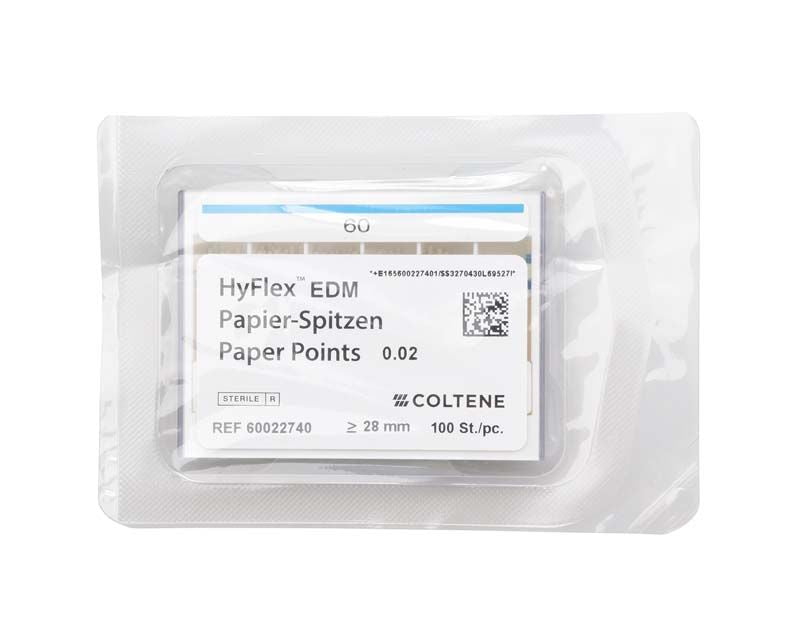 HyFlex™ EDM Papierspitzen 60/.02 in steriler Verpackung mit sichtbarem Etikett.