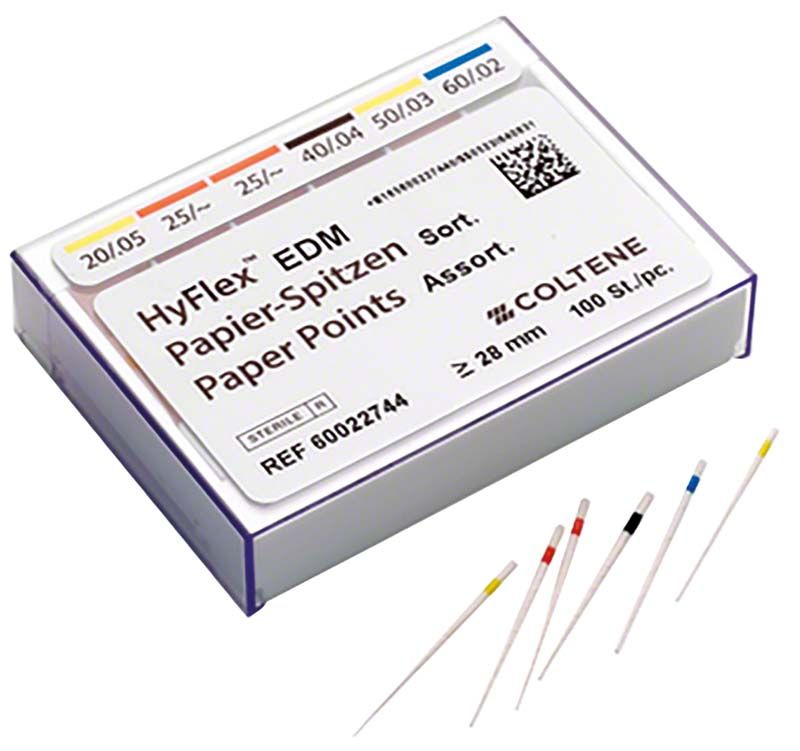 Hyflex™ EDM Papierspitzen in sortierter Farbcodierung für Wurzelkanaltrocknung.