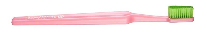 Rosa TePe GOOD™ Zahnbürste Regular Soft mit grünen weichen Borsten.