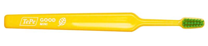 Gelbe TePe GOOD™ Zahnbürste Mini Extra Soft mit Biokunststoff-Griff aus Zuckerrohr.