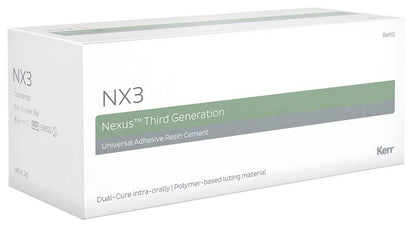 NX3 Befestigungszementverpackung mit grüner und grauer Etikettierung von Kerr.