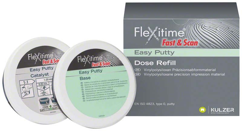 Flexitime Fast+Scan Easy Putty Verpackung mit Dose Refill und Katalysator.