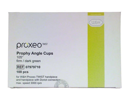 Proxeo Twist Prophy-Einwegwinkelstücke 105° fest, dunkelgrün, Verpackungsvorderseite.