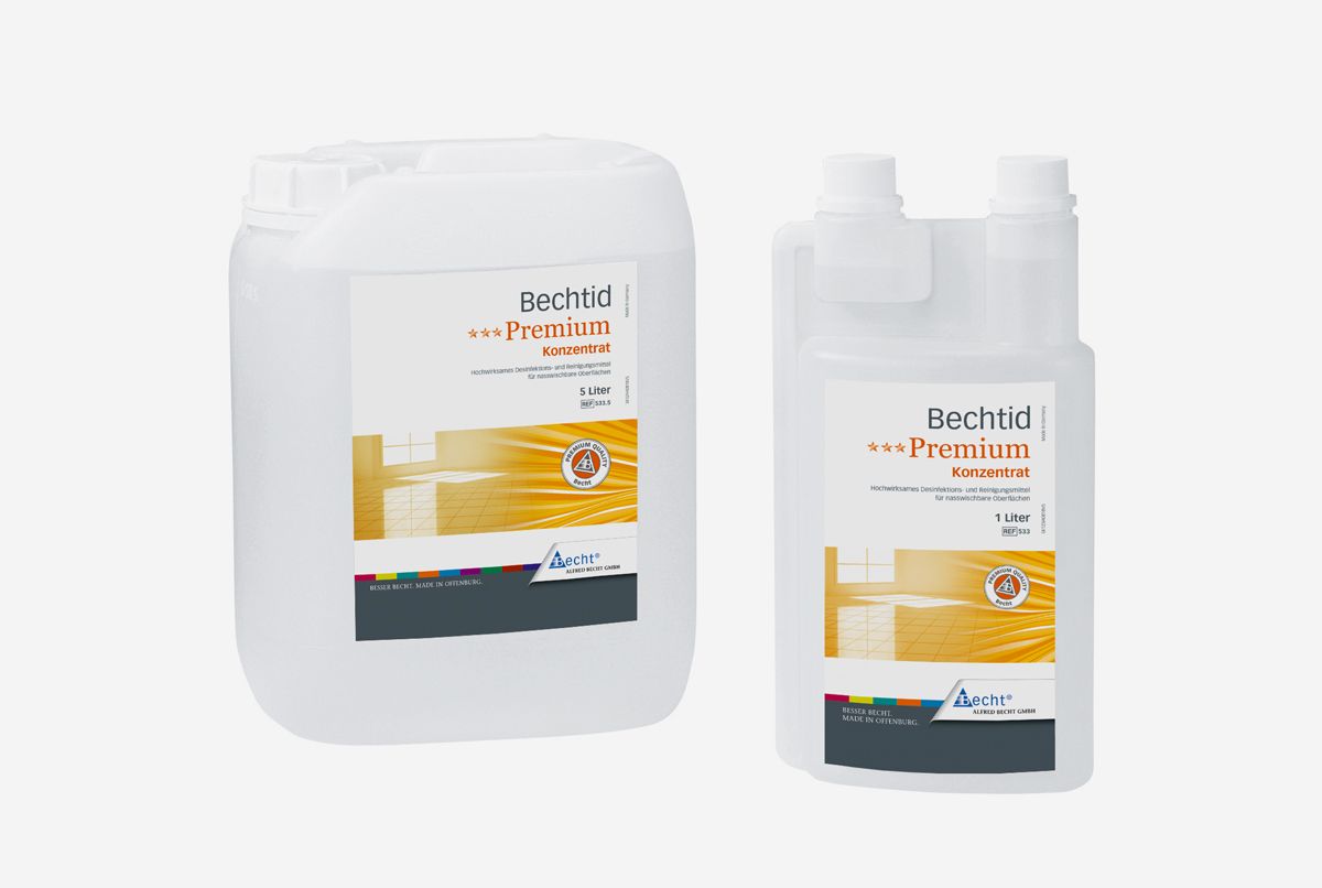 Bechtid Premium 5 Liter Kanister und 1 Liter Flasche mit Etikett.