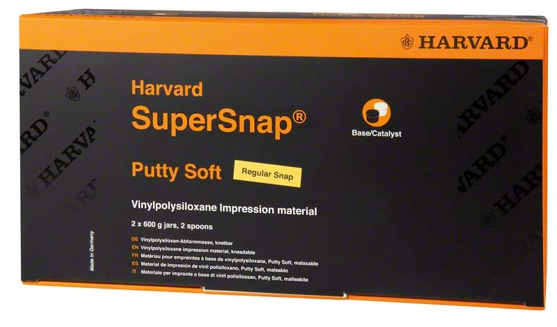 Verpackung des Harvard SuperSnap® Putty Soft Abdruckmaterials in Schwarz.