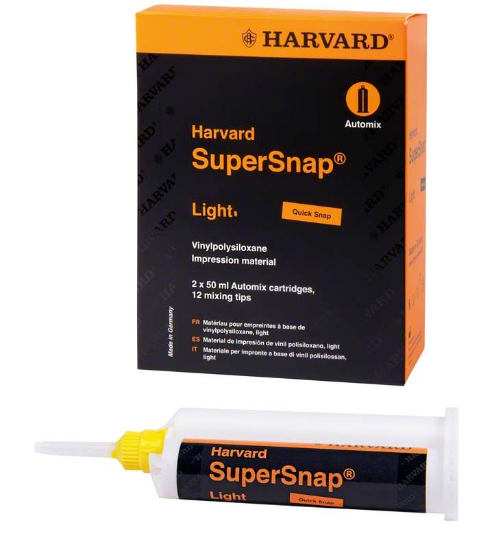 Harvard SuperSnap® Light Orange Abformmaterial in Kartonverpackung mit Automix-Kartusche.