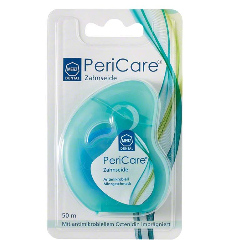 PeriCare® Zahnseide 50m Packung mit mintgrünem Spender und Octenidin.