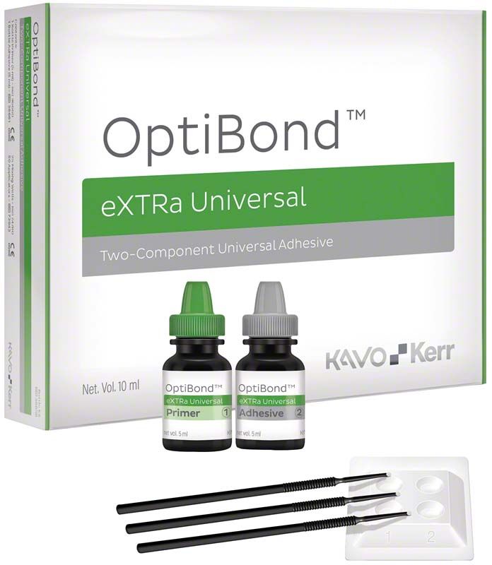 OptiBond™ eXTRa Universal Kit mit Flaschen und Applikationspinseln.