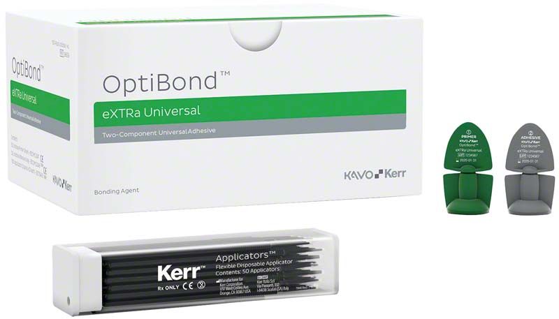 OptiBond™ eXTRa Universal Kit Unidose mit Applikatoren und Verpackung.