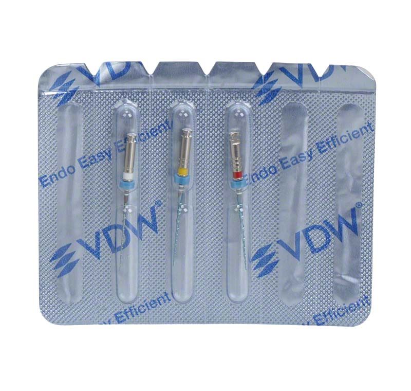 VDW.ROTATE™ NiTi Wurzelkanalfeilen 21mm in Blisterverpackung mit Farbcodierung.
