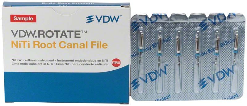 Verpackung von VDW.ROTATE™ NiTi Wurzelkanalfeilen mit fünf Feilen sichtbar.