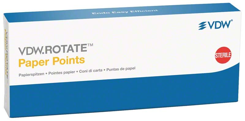 Verpackung der VDW.ROTATE™ Papierspitzen mit Farbcodierung und Sterilitätshinweis.