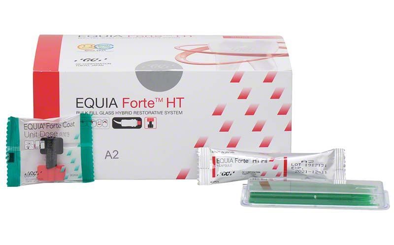 EQUIA Forte™ HT A2 Intro Pack mit Verpackung und Einzelkomponenten.