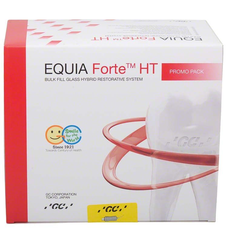 EQUIA Forte™ HT Promo Pack A2 mit Zahngrafik und Produktinformationen.