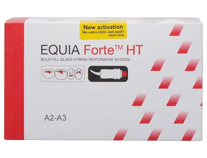 EQUIA Forte™ HT Promo Pack A2-A3 Verpackung mit Aktivierungsanleitung und Produktname.