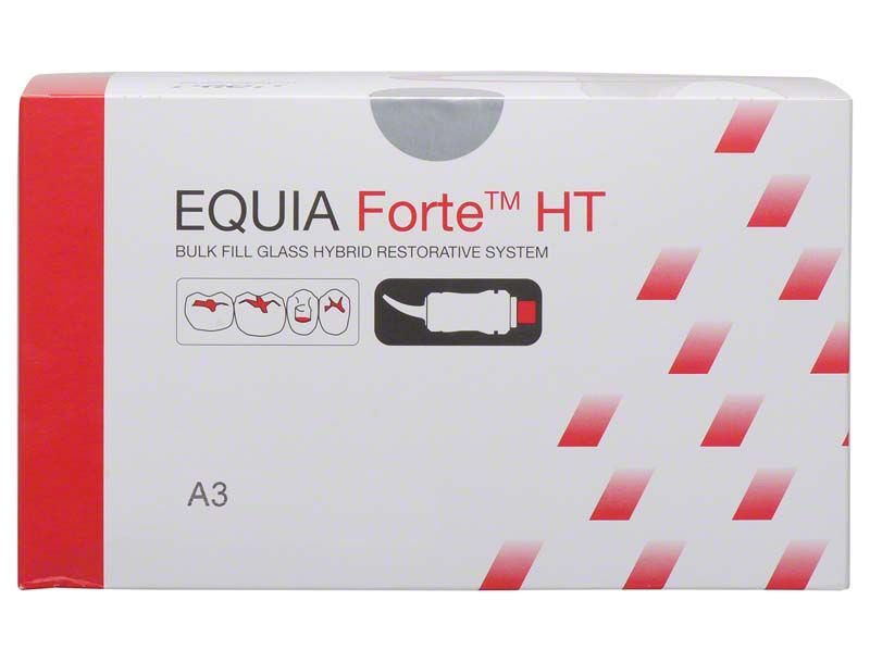 EQUIA Forte™ HT Promo Pack A3 Verpackung mit rotem und weißem Design.