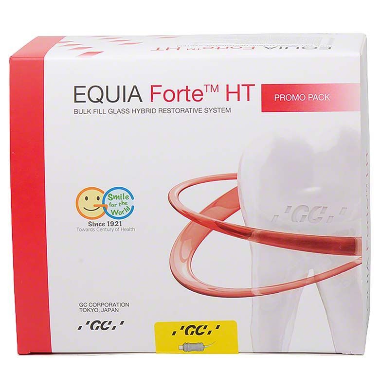 EQUIA Forte™ HT Promo Pack A3 - B2 Verpackung mit rotem Akzent und Zahnsymbol.