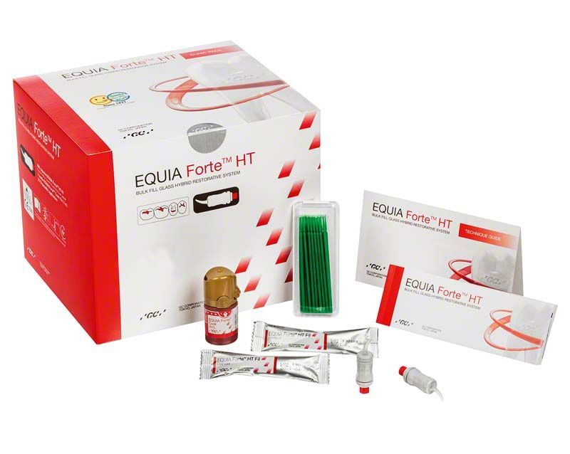 Klinikpackung EQUIA Forte™ HT B2 mit verschiedenen Komponenten und Verpackung.