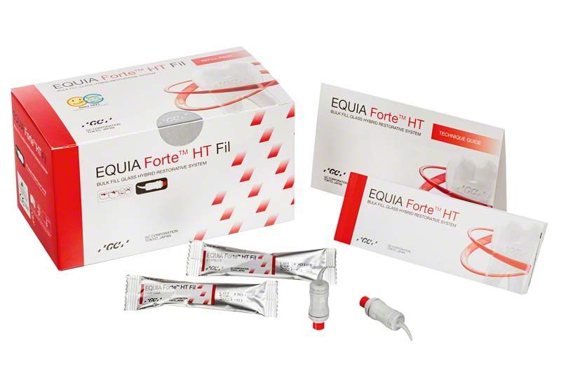 Verpackung und Komponenten des EQUIA Forte™ HT Kapseln sortiert.