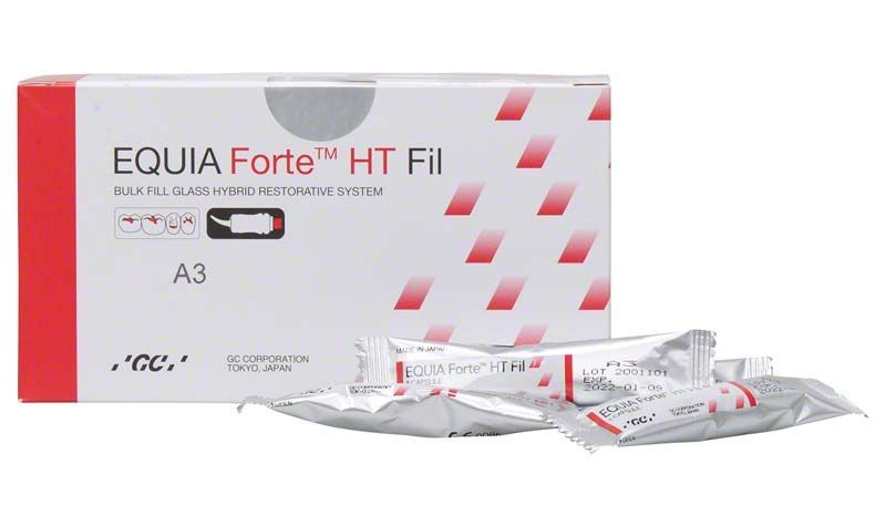 EQUIA Forte™ HT Kapseln A3 Verpackung mit einzelnen Kapseln im Vordergrund.