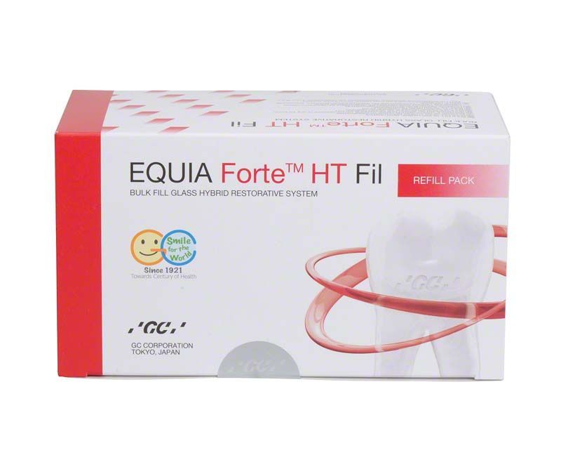 EQUIA Forte™ HT Kapseln C4 Verpackung mit weiß-rotem Design und Produktdetails.